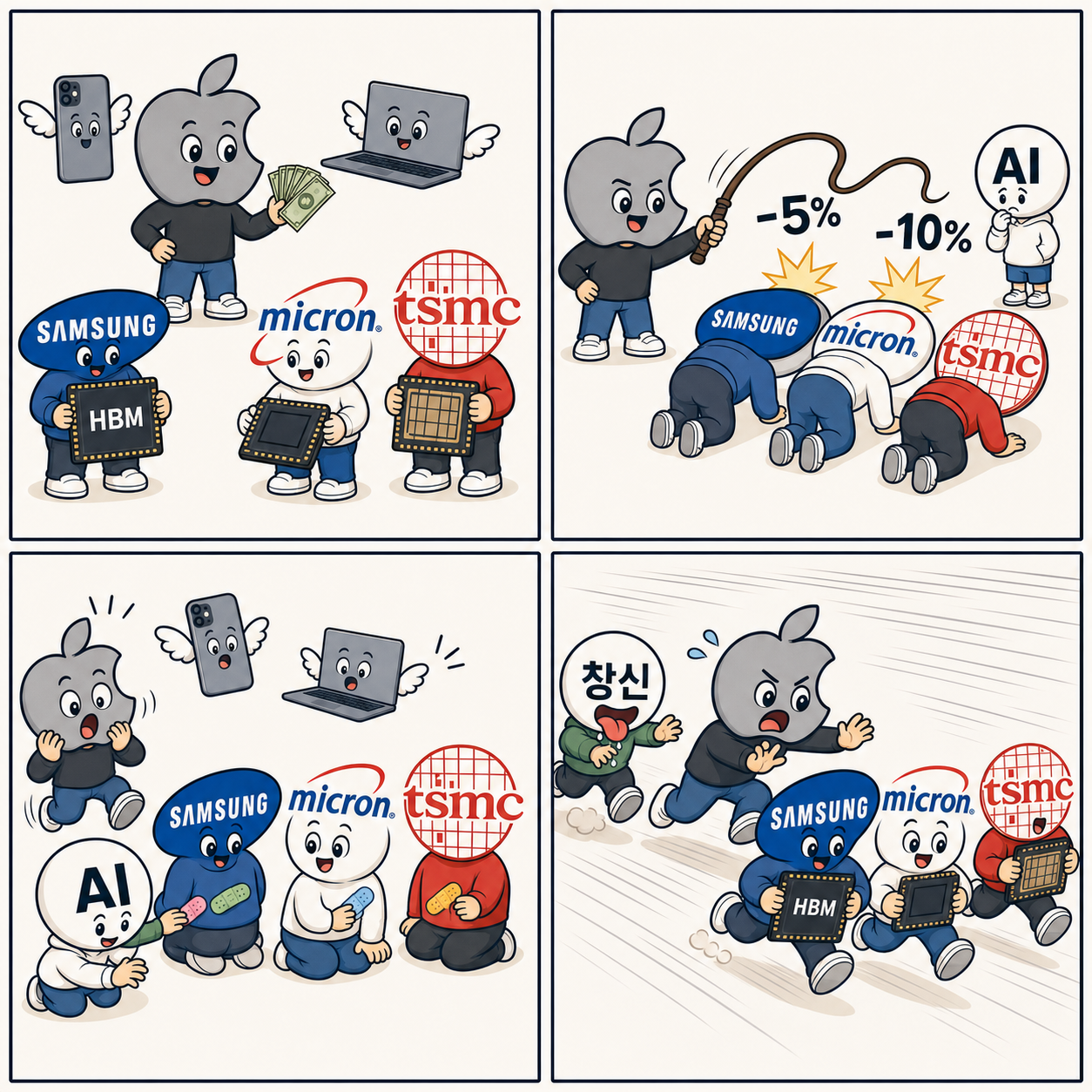 애플이 삼성·마이크론·TSMC의 납품단가를 낮추다가 AI가 반창고를 붙여주자 세 회사를 뒤쫓고 창신이 애플을 따라가는 반도체 공급망 협상 풍자 4컷 만화