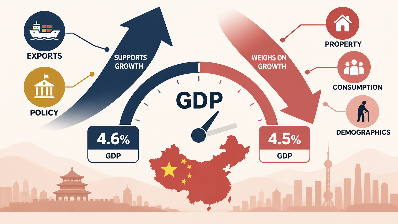 중국 GDP 성장률의 상향 요인과 하향 압력을 비교한 인포그래픽