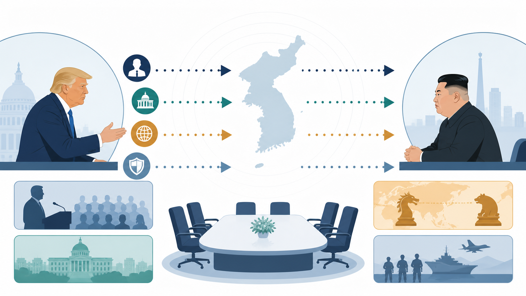 트럼프의 대북 접촉 신호가 국내 정치와 동맹, 중국·러시아 견제로 연결되는 개념도