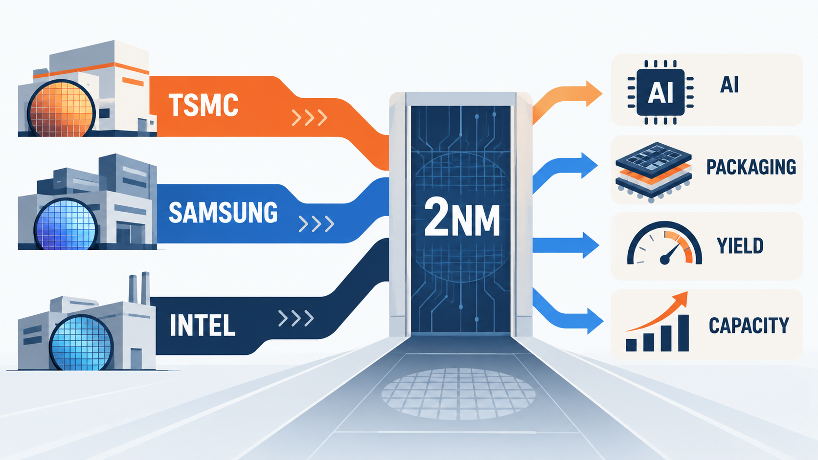 TSMC·삼성전자·인텔의 2나노 경쟁과 AI 패키징 병목을 표현한 개념도