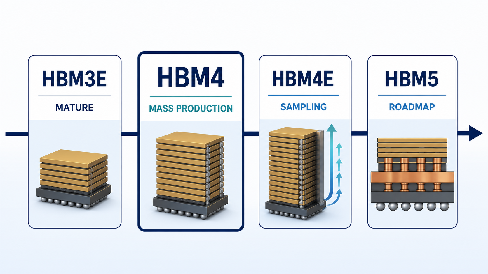HBM3E에서 HBM4, HBM4E, HBM5로 이어지는 속도와 적층, 패키징 기술 단계를 보여주는 로드맵