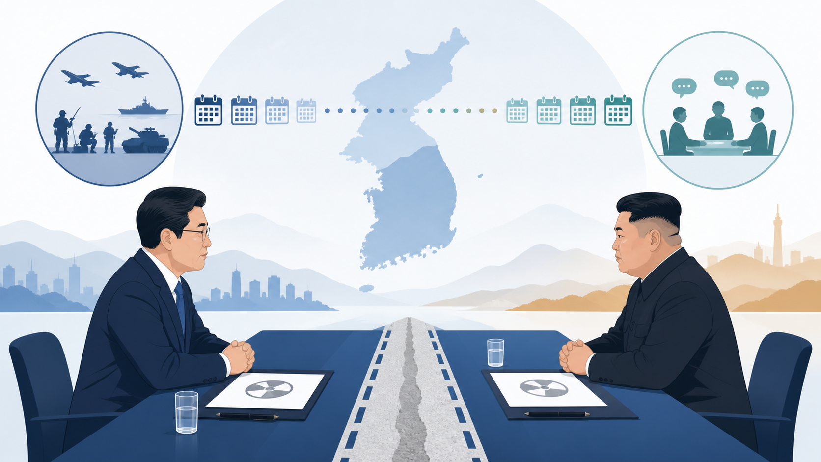 트럼프와 김정은의 정상회담 가능성과 비핵화, 한미훈련, 시장 영향을 보여주는 개념도