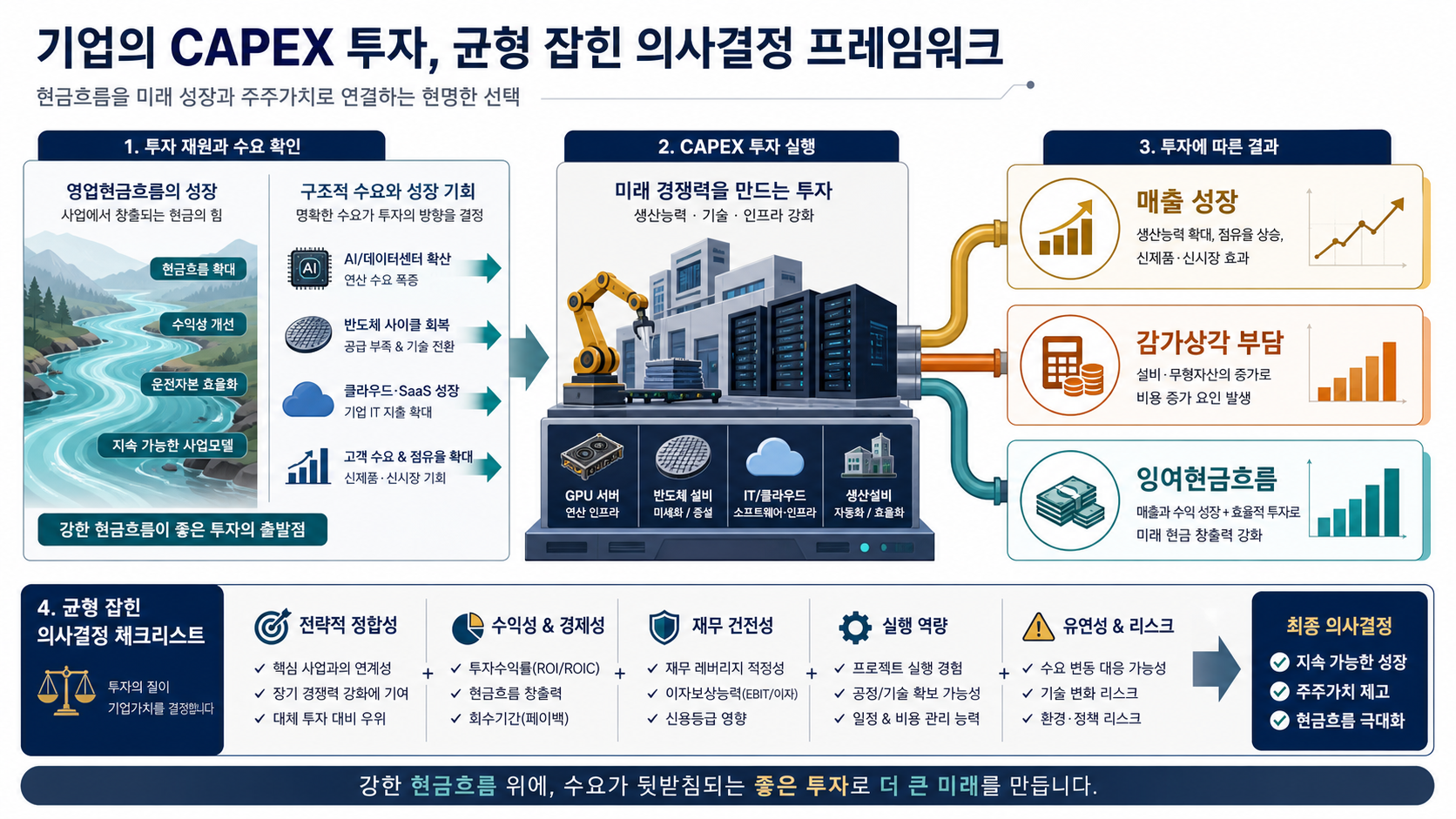 현금흐름과 수요에서 시작해 설비투자가 매출 성장, 감가상각 부담과 잉여현금흐름으로 이어지는 판단 구조