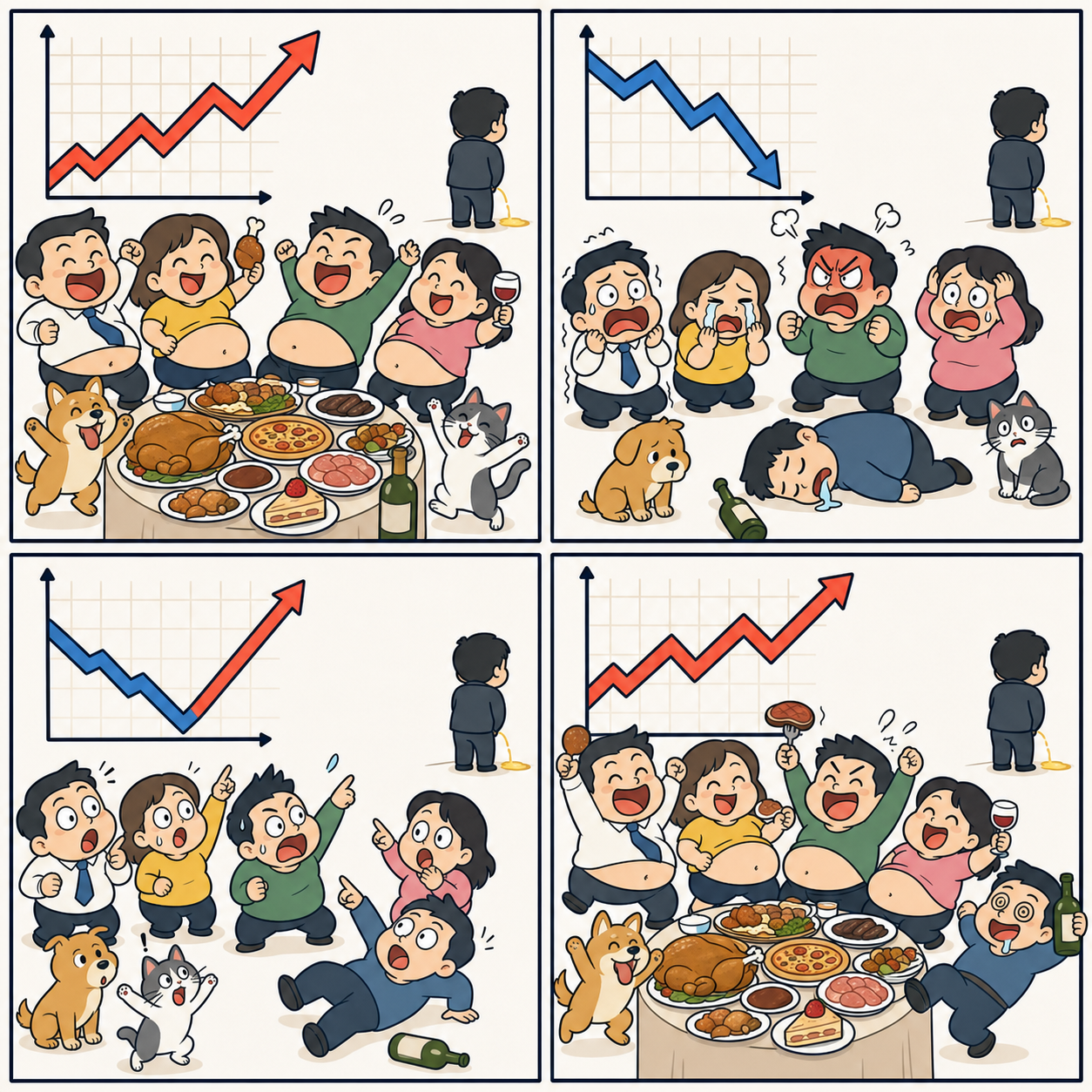 상승장에서는 사람들이 먹고 춤추며 흥청망청하고 하락장에서는 울고 떨다가 반등을 발견하자 다시 탐욕에 빠지는 주식 시장 욕망 풍자 4컷 만화