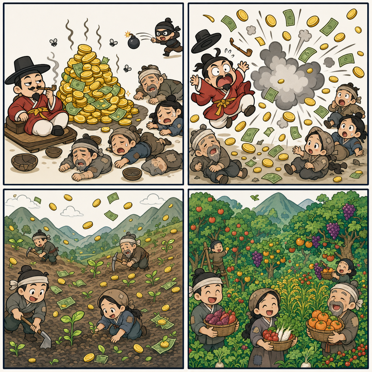 부의 독점으로 악취 나는 돈더미가 폭발해 들판과 밭으로 흩어진 뒤 생산적 투자와 풍요로 바뀌는 돈의 재분배 풍자 4컷 만화