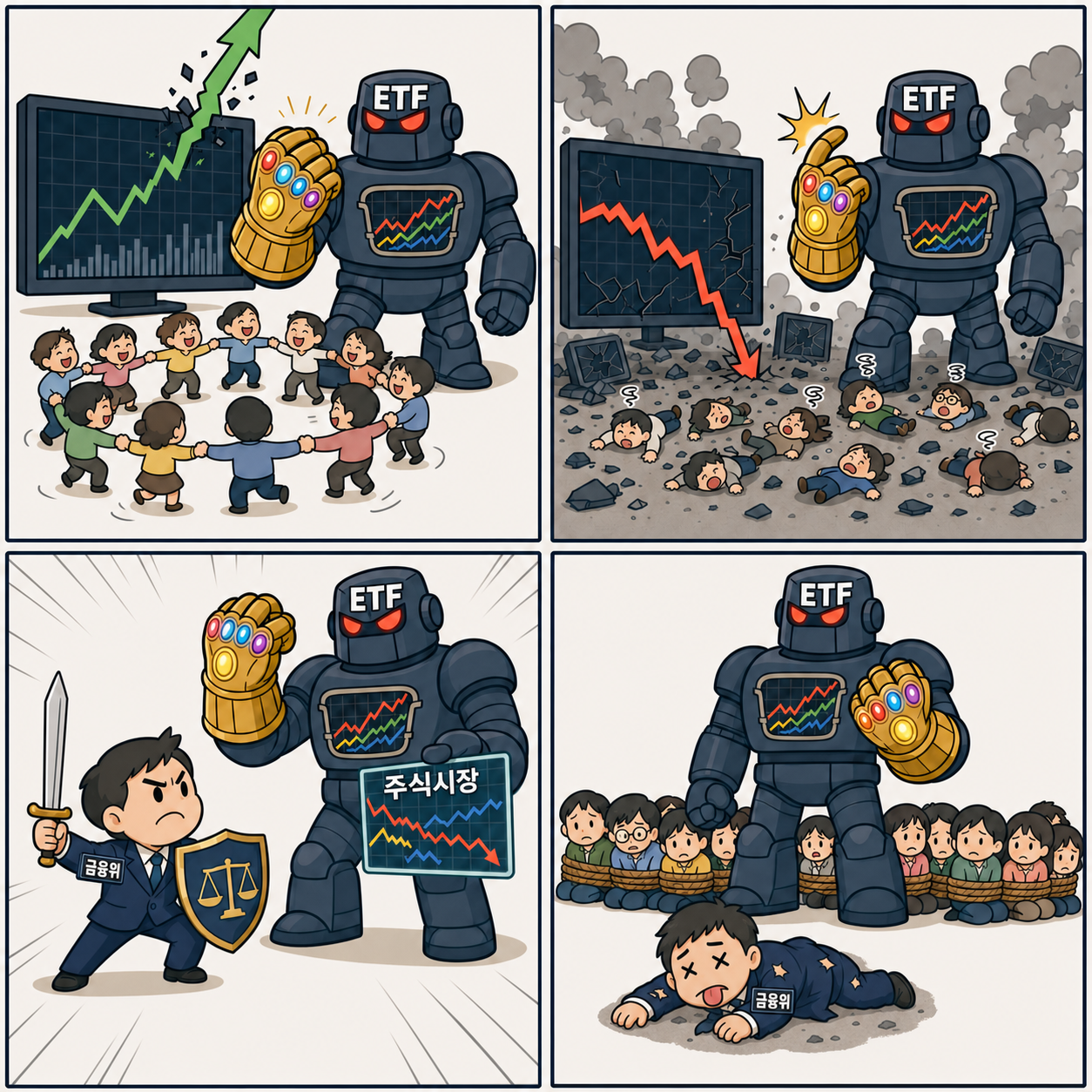 머리에 ETF가 적힌 빨간 눈의 로봇이 보석 건틀릿으로 주가를 올리고 반토막 낸 뒤 주식시장 차트를 들고 금융위를 제압해 투자자를 인질로 잡는 ETF 시장 영향력 풍자 4컷 만화