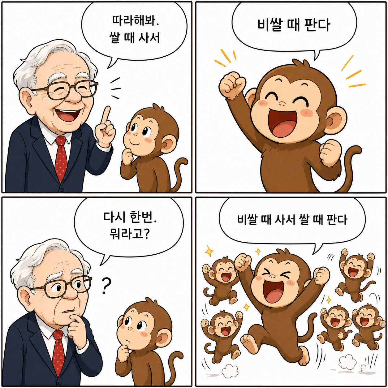 워런 버핏이 쌀 때 사서 비쌀 때 팔라고 가르치지만 원숭이가 비쌀 때 사서 쌀 때 판다고 신나게 외치는 개인 투자자 투자 풍자 4컷 만화