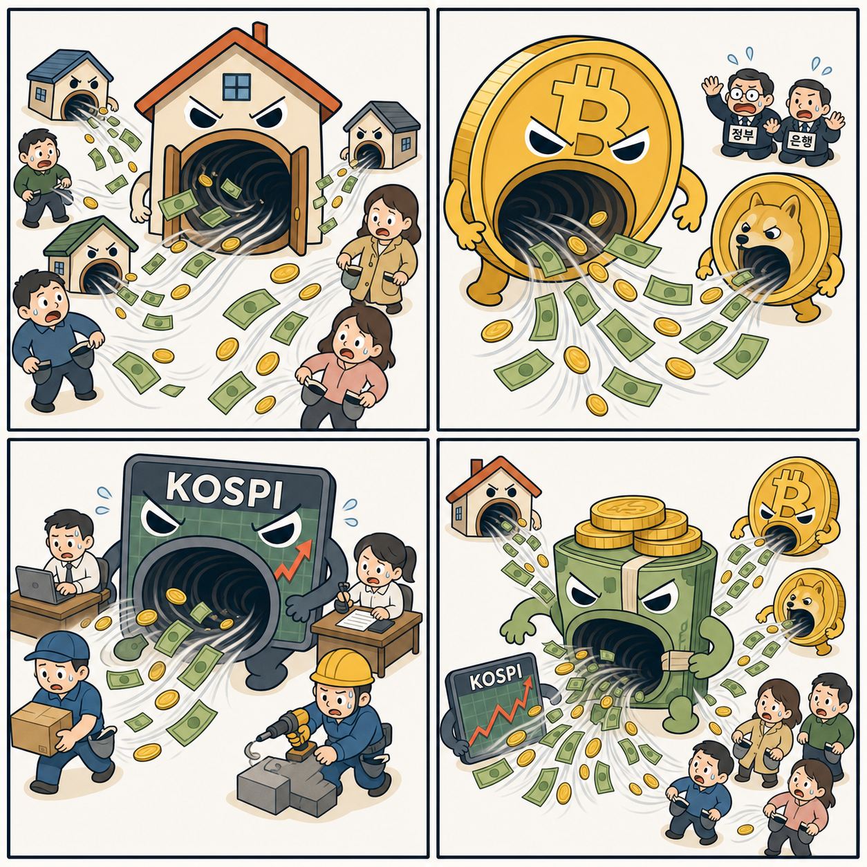 집과 비트코인 및 도지코인, KOSPI 주식시장, 돈 자체가 사람들의 주머니에서 돈을 탐욕스럽게 빨아들이는 자금 쏠림 풍자 4컷 만화
